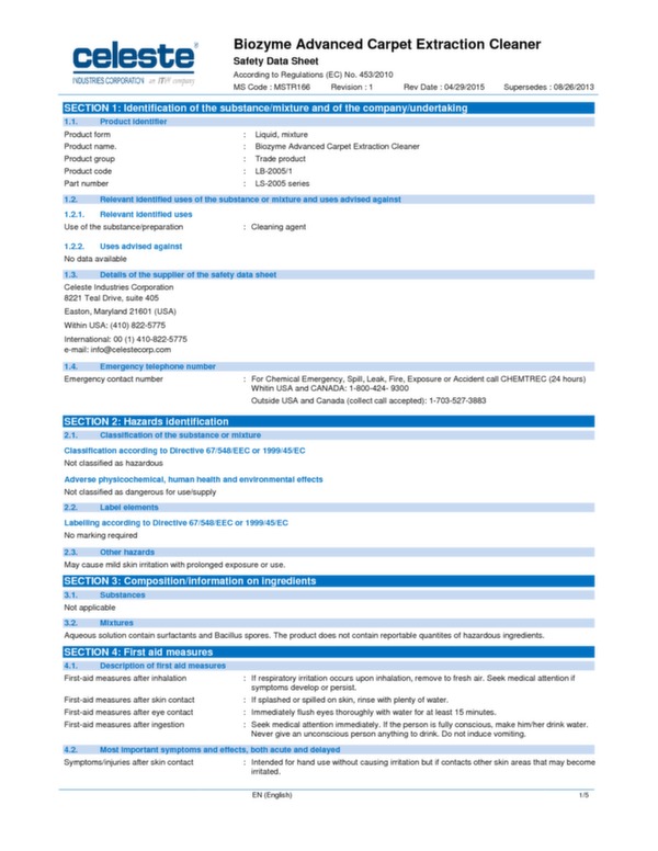 Biozyme Advanced carpet cleaner data sheet