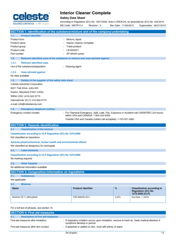 Aircraft interior complete cleaner data sheet