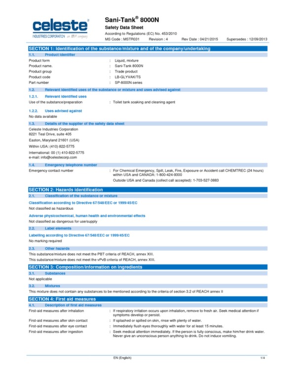 Lavatory chemicals Sani-Tank N fact sheet