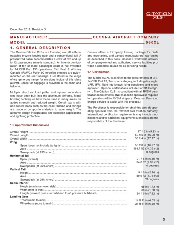 Cessna Citation XLS+ technical data