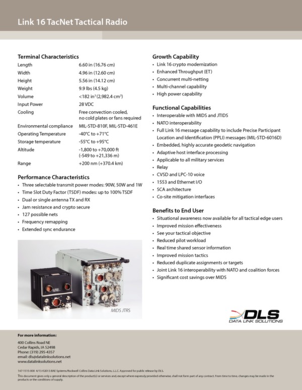 Link 16 TacNet tactical radio Data sheet