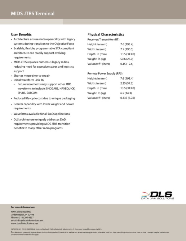 MIDS JTRS terminal Data sheet
