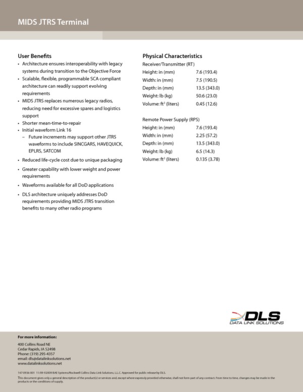 Données techniques terminal MIDS JTRS