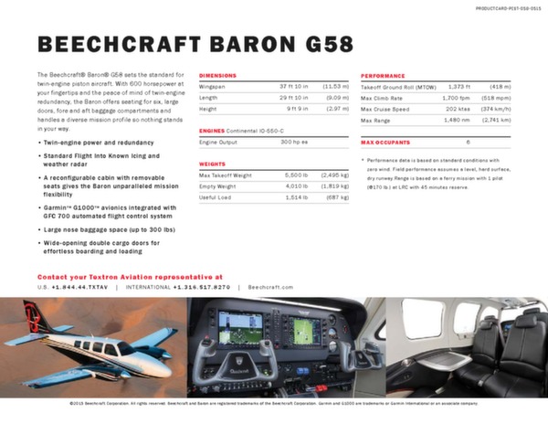 Beechcraft Baron G58 - donées techniques