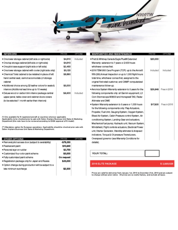 TBM 900 - Tarifs et spécifications techniques