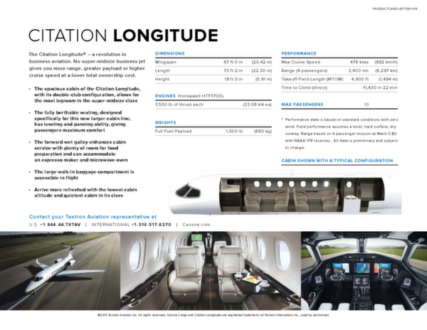 Cessna Citation Longitude - données techniques