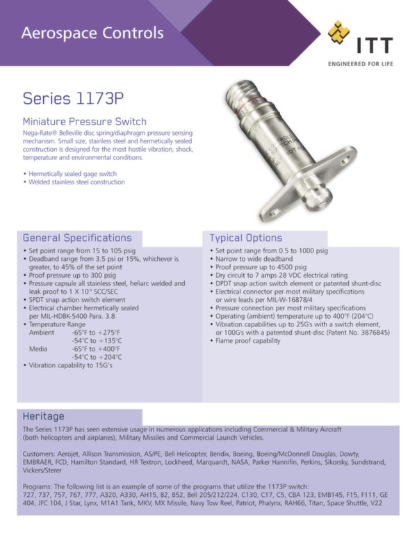 Miniature pressure switch Series 1173P data sheet