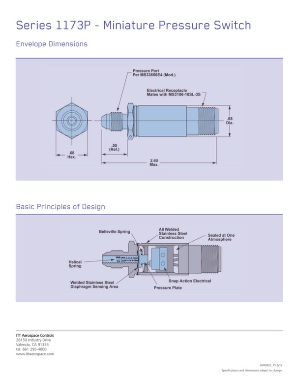 Miniature pressure switch Series 1173P data sheet