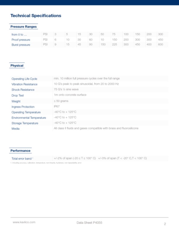 Pressure transducer P4055 data sheet