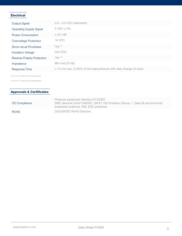 Pressure transducer P4055 data sheet