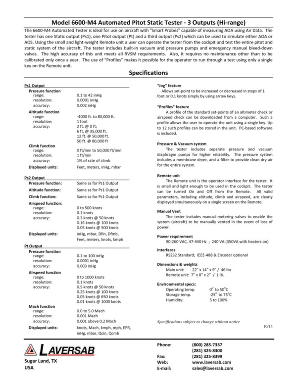 Military pitot static tester model 6600-M4 data sheet