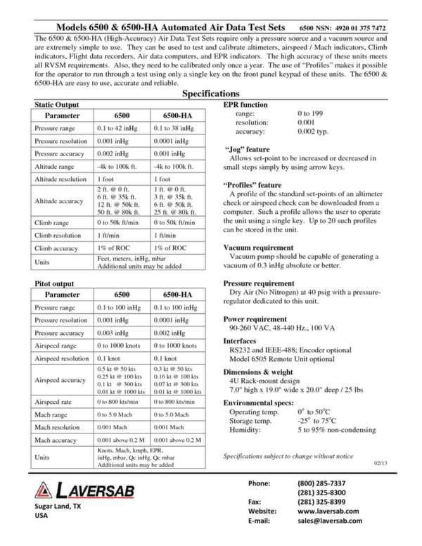 Air flow tester model 6500-HA data sheet