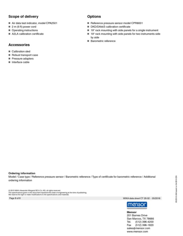 Air data test indicator Model CPA2501 data sheet