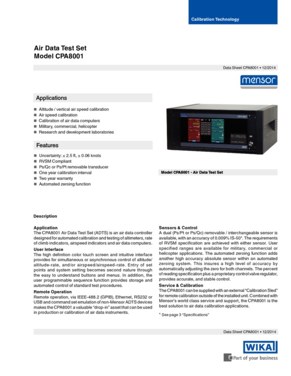 Données techniques mesure d\'air CPA8001