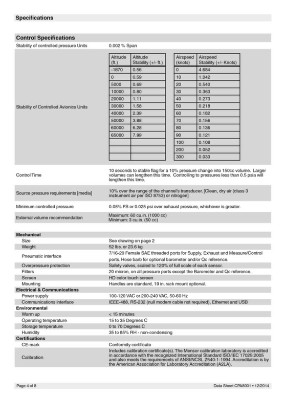 Données techniques mesure d\'air CPA8001