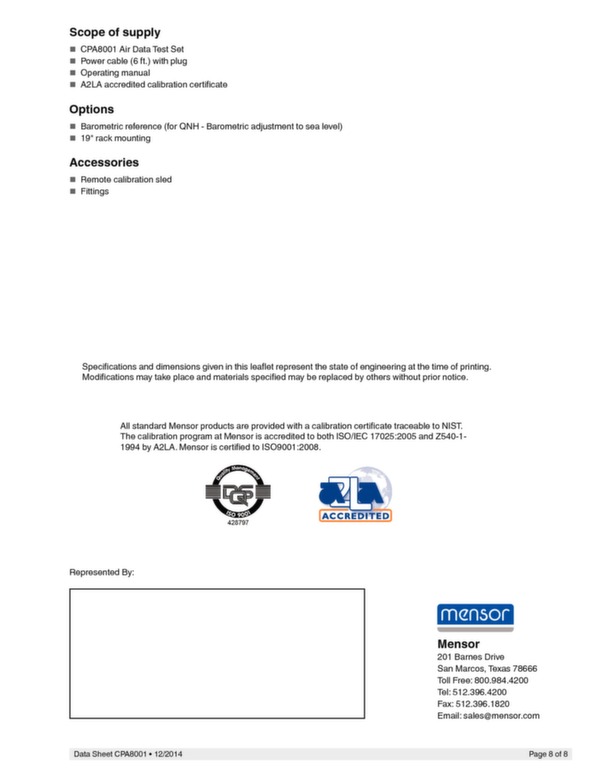 Données techniques mesure d\'air CPA8001