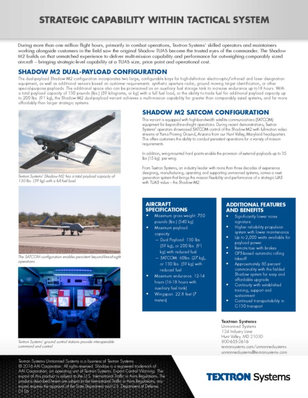 UAV Shadow M2 data sheet