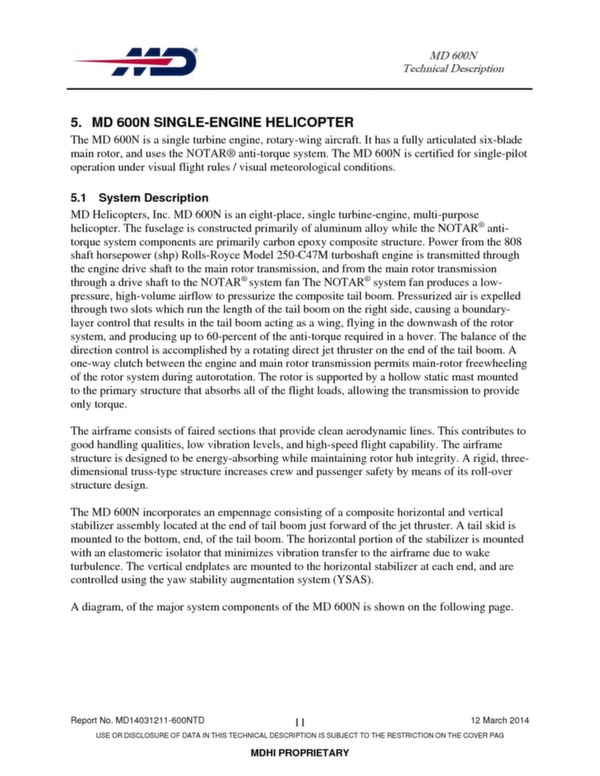 MD 600N helicopter technical descritption