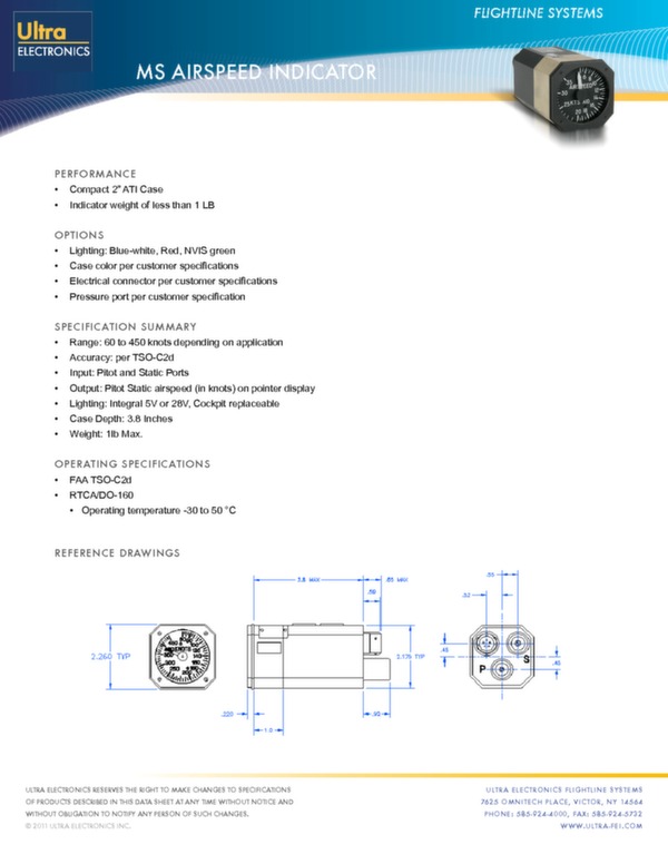 Airspeed indicator data sheet