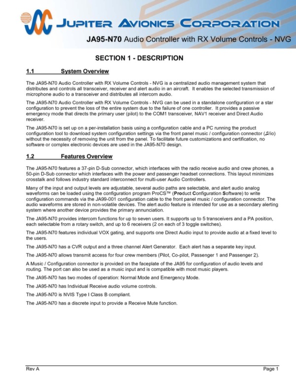 JA95-N70 installation and operating manual