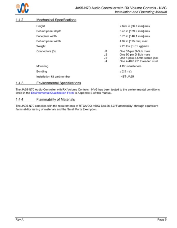 JA95-N70 installation and operating manual