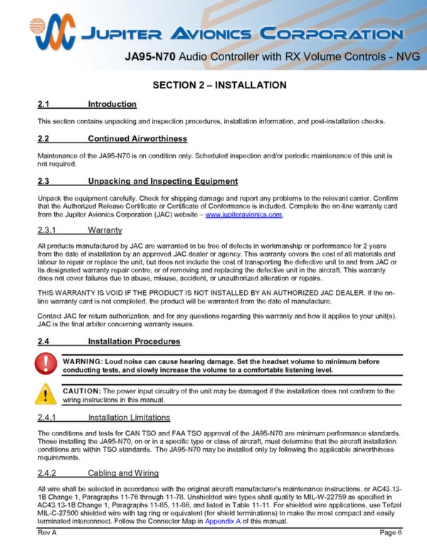 JA95-N70 installation and operating manual