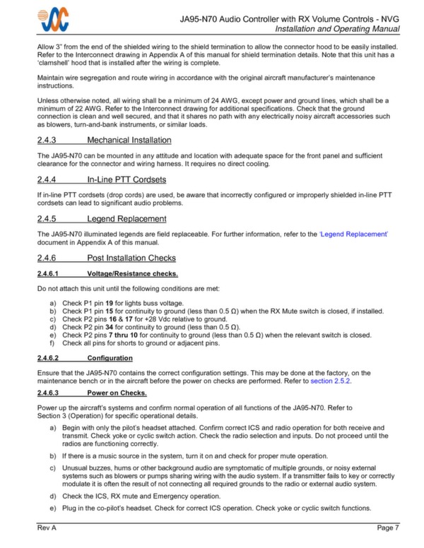 JA95-N70 installation and operating manual