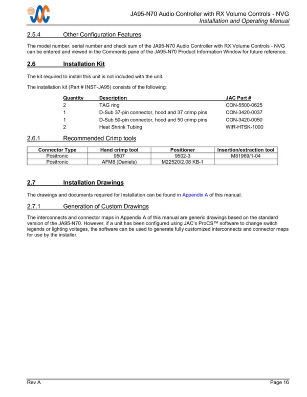 JA95-N70 installation and operating manual