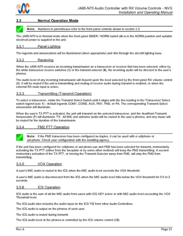 JA95-N70 installation and operating manual