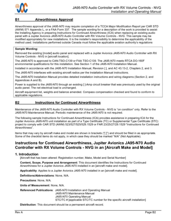 JA95-N70 installation and operating manual