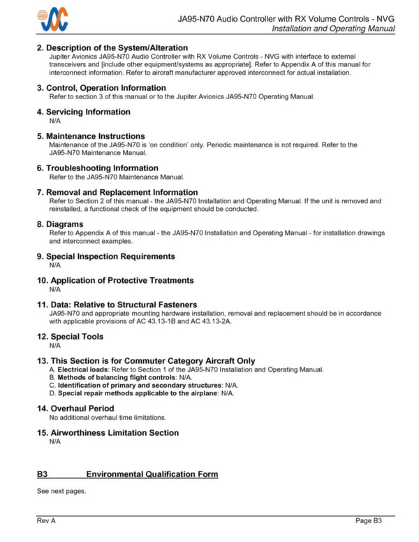 JA95-N70 installation and operating manual